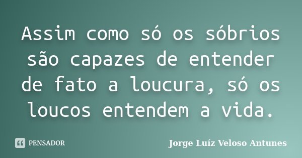 Assim como só os sóbrios são capazes de entender de fato a loucura, só os loucos entendem a vida.... Frase de Jorge Luíz Veloso Antunes.