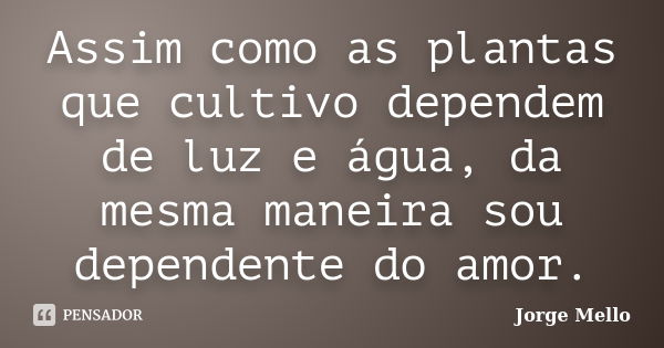 Assim como as plantas que cultivo dependem de luz e água, da mesma maneira sou dependente do amor.... Frase de Jorge Mello.