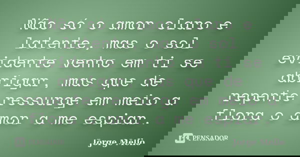 Não só o amor claro e latente, mas o sol evidente venho em ti se abrigar, mas que de repente ressurge em meio a flora o amor a me espiar.... Frase de Jorge Mello.