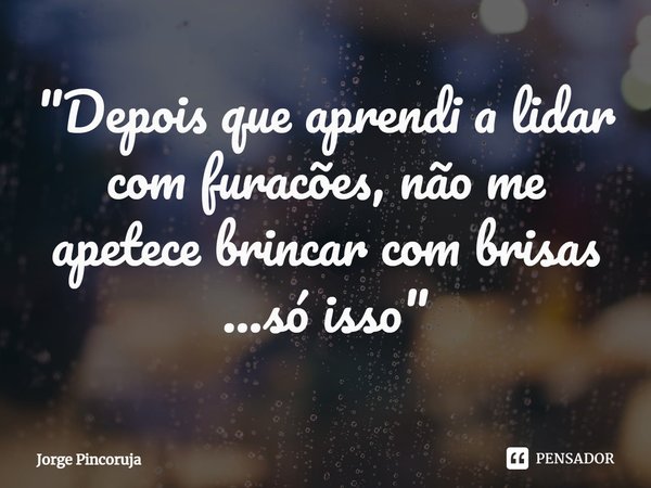 ⁠"Depois que aprendi a lidar com furacões, não me apetece brincar com brisas ...só isso"... Frase de Jorge Pincoruja.