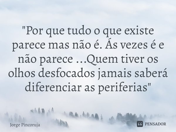 ⁠"Por que tudo o que existe parece mas não é. Ás vezes é e não parece ...Quem tiver os olhos desfocados jamais saberá diferenciar as periferias "... Frase de Jorge Pincoruja.