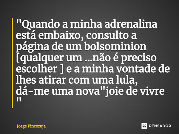 ⁠"Quando a minha adrenalina está embaixo, consulto a página de um bolsominion [qualquer um ...não é preciso escolher ] e a minha vontade de lhes atirar com... Frase de Jorge Pincoruja.
