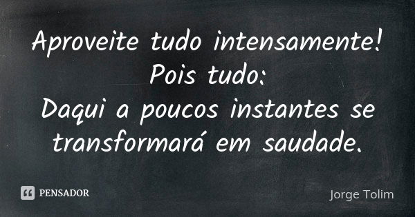 Aproveite tudo intensamente! Pois tudo: Daqui a poucos instantes se transformará em saudade.... Frase de Jorge Tolim.