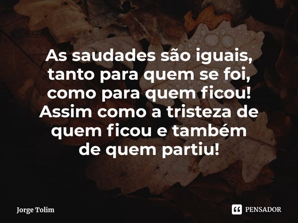 ⁠As saudades são iguais,
tanto para quem se foi,
como para quem ficou!
Assim como a tristeza de
quem ficou e também
de quem partiu!... Frase de Jorge Tolim.