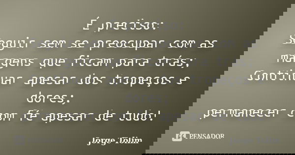 É preciso: Seguir sem se preocupar com as margens que ficam para trás; Continuar apesar dos tropeços e dores; permanecer com fé apesar de tudo!... Frase de Jorge Tolim.