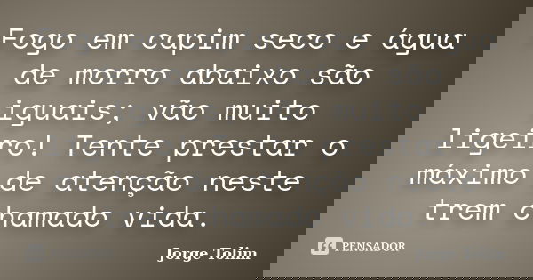 Fogo em capim seco e água de morro abaixo são iguais; vão muito ligeiro! Tente prestar o máximo de atenção neste trem chamado vida.... Frase de Jorge Tolim.