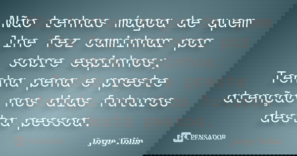 Não tenhas mágoa de quem lhe fez caminhar por sobre espinhos; Tenha pena e preste atenção nos dias futuros desta pessoa.... Frase de Jorge Tolim.