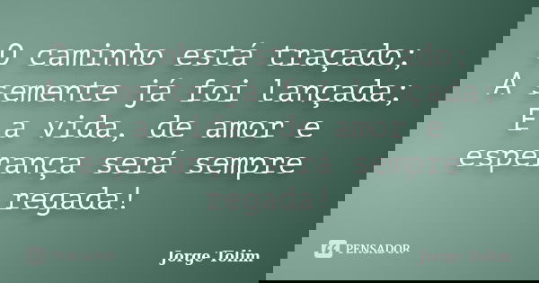 O caminho está traçado; A semente já foi lançada; E a vida, de amor e esperança será sempre regada!... Frase de Jorge Tolim.