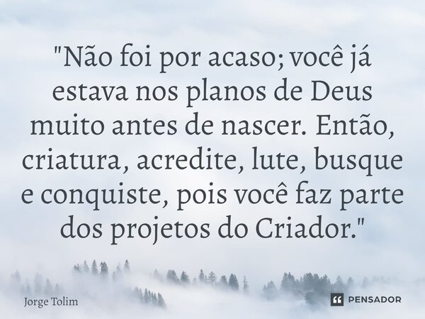 ⁠"Não foi por acaso; você já estava nos planos de Deus muito antes de nascer. Então, criatura, acredite, lute, busque e conquiste, pois você faz parte dos ... Frase de Jorge Tolim.