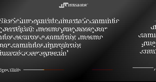 Você é um espírito imortal a caminho da perfeição, mesmo que passe por caminhos escuros e sombrios, mesmo que por caminhos impróprios, continuarás a ser especia... Frase de Jorge Tolim.
