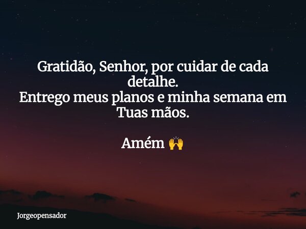 Gratidão, Senhor, por cuidar de cada detalhe. Entrego meus planos e minha semana em Tuas mãos. Amém 🙌... Frase de Jorgeopensador.