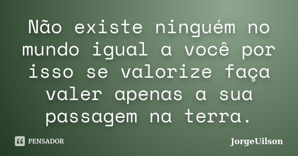 Não existe ninguém no mundo igual a você por isso se valorize faça valer apenas a sua passagem na terra.... Frase de jorgeuilson.