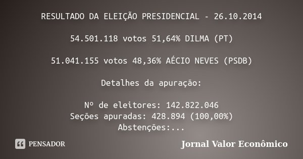 RESULTADO DA ELEIÇÃO PRESIDENCIAL - 26.10.2014 54.501.118 votos 51,64% DILMA (PT) 51.041.155 votos 48,36% AÉCIO NEVES (PSDB) Detalhes da apuração: Nº de eleitor... Frase de Jornal Valor Econômico.