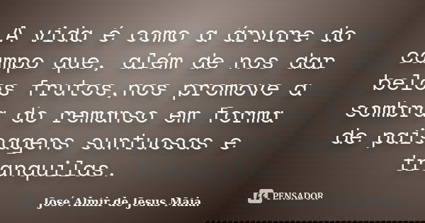 ​A vida é como a árvore do campo que, além de nos dar belos frutos,nos promove a sombra do remanso em forma de paisagens suntuosas e tranquilas.​... Frase de José Almir de Jesus Maia..