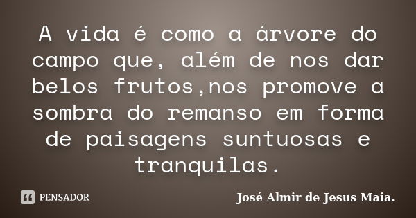 ​A vida é como a árvore do campo que, além de nos dar belos frutos,nos promove a sombra do remanso em forma de paisagens suntuosas e tranquilas.​... Frase de José Almir de Jesus Maia..