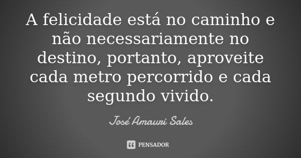 A felicidade está no caminho e não necessariamente no destino, portanto, aproveite cada metro percorrido e cada segundo vivido.... Frase de José Amauri Sales.