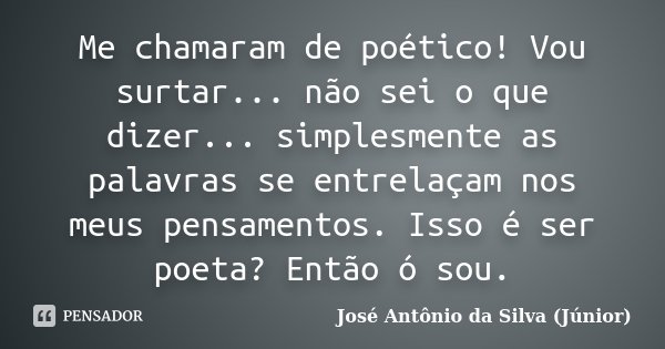 Me chamaram de poético! Vou surtar... não sei o que dizer... simplesmente as palavras se entrelaçam nos meus pensamentos. Isso é ser poeta? Então ó sou.... Frase de José Antônio da Silva (Júnior).