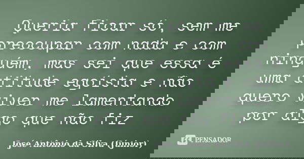 Queria ficar só, sem me preocupar com nada e com ninguém, mas sei que essa é uma atitude egoísta e não quero viver me lamentando por algo que não fiz... Frase de José Antônio da Silva (Júnior).