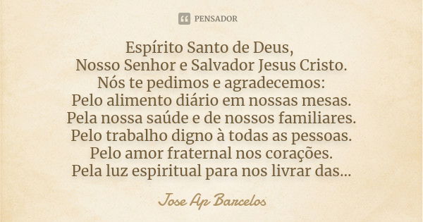 Espírito Santo de Deus, Nosso Senhor e Salvador Jesus Cristo. Nós te pedimos e agradecemos: Pelo alimento diário em nossas mesas. Pela nossa saúde e de nossos f... Frase de Jose Ap Barcelos.