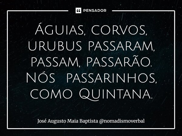 ⁠Águias, corvos, urubus passaram, passam, passarão. Nós passarinhos, como Quintana.... Frase de José Augusto Maia Baptista nomadismoverbal.