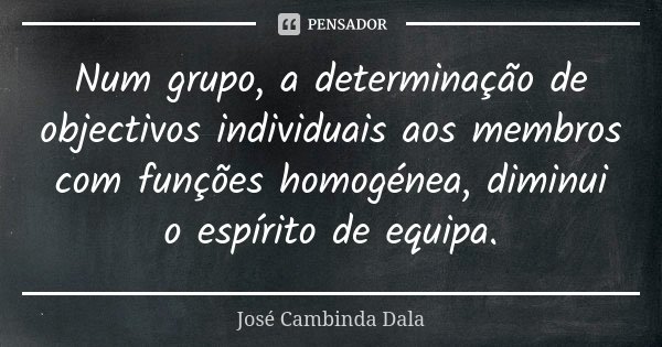 Num grupo, a determinação de objectivos individuais aos membros com funções homogénea, diminui o espírito de equipa.... Frase de José Cambinda Dala.