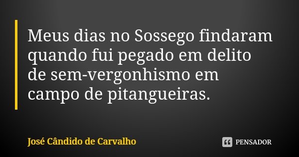 Meus dias no Sossego findaram quando fui pegado em delito de sem-vergonhismo em campo de pitangueiras.... Frase de José Cândido de Carvalho.