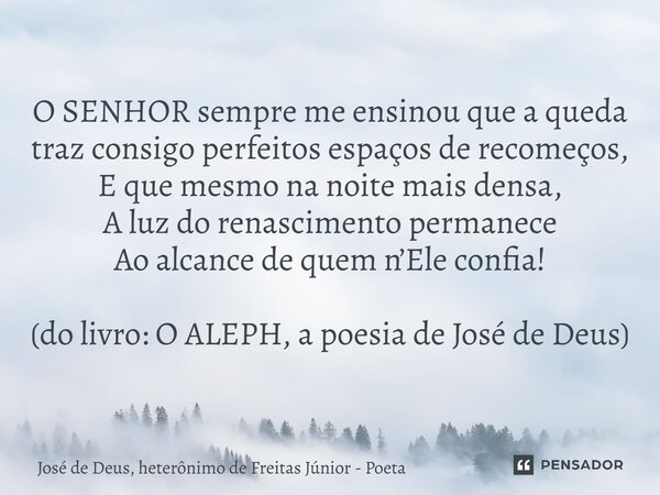 O SENHOR sempre me ensinou que a queda traz consigo perfeitos espaços de recomeços, E que mesmo na noite mais densa, A luz do renascimento permanece Ao alcance... Frase de José de Deus, heterônimo de Freitas Júnior - poeta.