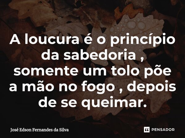 A loucura é o princípio da sabedoria , somente um tolo põe a mão no fogo , depois de se queimar.⁠... Frase de José Edson Fernandes da Silva.