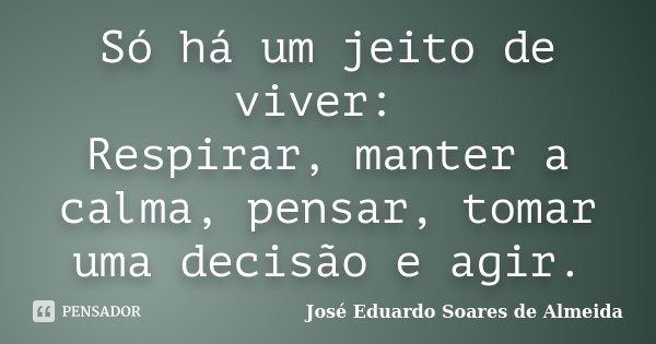 Só há um jeito de viver: Respirar, manter a calma, pensar, tomar uma decisão e agir.... Frase de José Eduardo Soares de Almeida.
