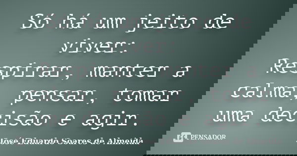 Só há um jeito de viver: Respirar, manter a calma, pensar, tomar uma decisão e agir.... Frase de José Eduardo Soares de Almeida.