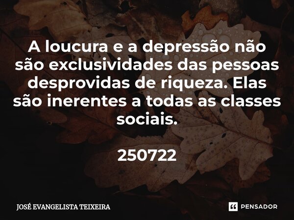 ⁠A loucura e a depressão não são exclusividades das pessoas desprovidas de riqueza. Elas são inerentes a todas as classes sociais. 250722... Frase de José Evangelista Teixeira.