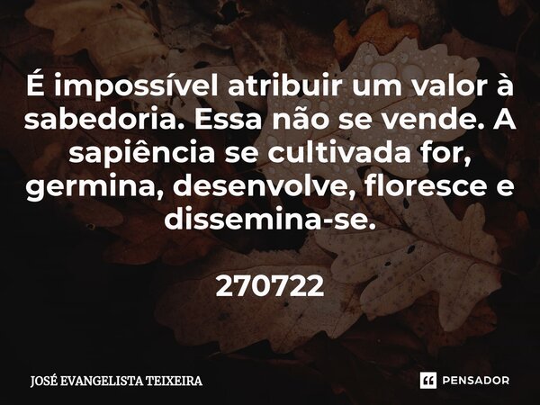 ⁠É impossível atribuir um valor à sabedoria. Essa não se vende. A sapiência se cultivada for, germina, desenvolve, floresce e dissemina-se. 270722... Frase de José Evangelista Teixeira.