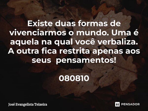 ⁠Existe duas formas de vivenciarmos o mundo. Uma é aquela na qual você verbaliza. A outra fica restrita apenas aos seus pensamentos! 080810... Frase de José Evangelista Teixeira.