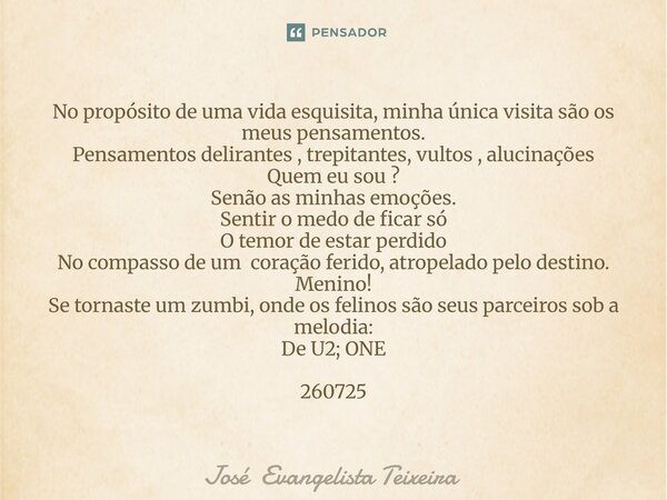 No propósito de uma vida esquisita, minha única visita são os meus pensamentos. Pensamentos delirantes , trepitantes, vultos , alucinações Quem eu sou ? Senão ... Frase de José Evangelista Teixeira.