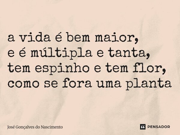 ⁠a vida é bem maior, e é múltipla e tanta, tem espinho e tem flor, como se fora uma planta... Frase de José Gonçalves do Nascimento.