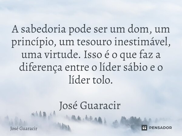 A sabedoria pode ser um dom, um princípio, um tesouro inestimável, uma virtude. Isso é o que faz a diferença entre o líder sábio e o líder tolo. José Guaracir ⁠... Frase de José Guaracir.