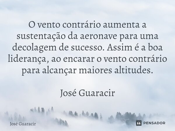 ⁠O vento contrário aumenta a sustentação da aeronave para uma decolagem de sucesso. Assim é a boa liderança, ao encarar o vento contrário para alcançar maiores ... Frase de José Guaracir.