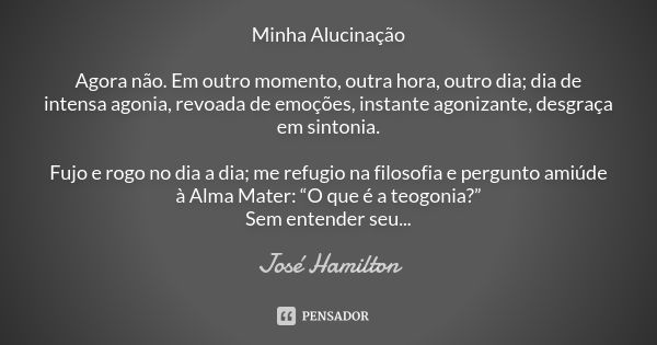 Minha Alucinação Agora não. Em outro momento, outra hora, outro dia; dia de intensa agonia, revoada de emoções, instante agonizante, desgraça em sintonia. Fujo ... Frase de José Hamilton.