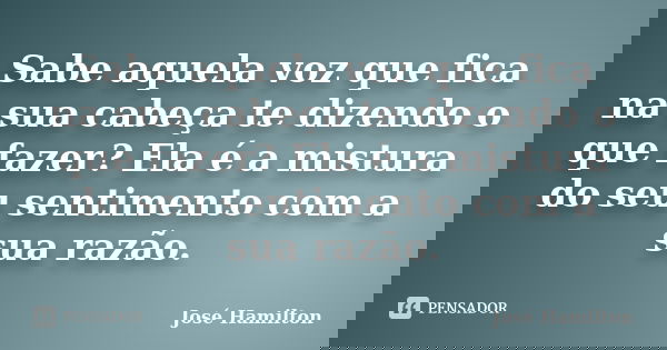 Sabe aquela voz que fica na sua cabeça te dizendo o que fazer? Ela é a mistura do seu sentimento com a sua razão.... Frase de José Hamilton.