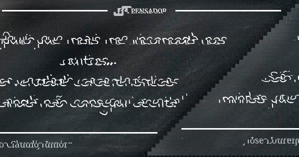 Aquilo que mais me incomoda nos outros... São na verdade características minhas que ainda não consegui aceita!... Frase de Jose Lourenço Claudio Junior.