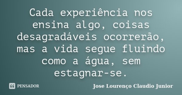 Cada experiência nos ensina algo, coisas desagradáveis ocorrerão, mas a vida segue fluindo como a água, sem estagnar-se.... Frase de Jose Lourenço Claudio Junior.