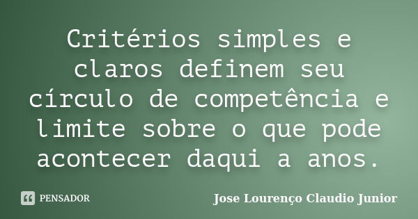 Critérios simples e claros definem seu círculo de competência e limite sobre o que pode acontecer daqui a anos.... Frase de Jose Lourenço Claudio Junior.