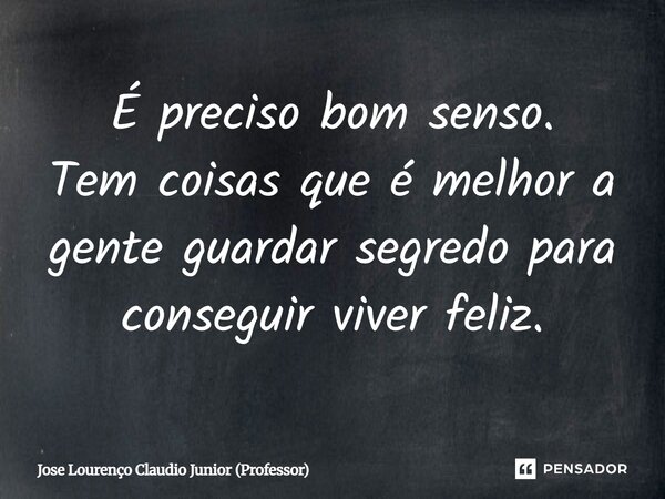 É preciso bom senso. Tem coisas que é melhor a gente guardar segredo para conseguir viver feliz.... Frase de Jose Lourenço Claudio Junior (Professor).
