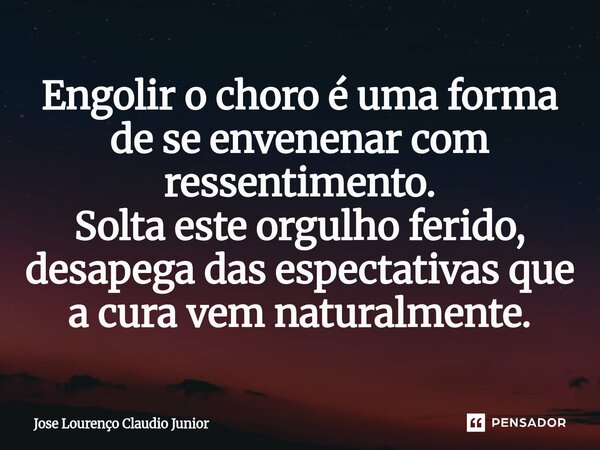 ⁠Engolir o choro é uma forma de se envenenar com ressentimento. Solta este orgulho ferido, desapega das espectativas que a cura vem naturalmente.... Frase de Jose Lourenço Claudio Junior.