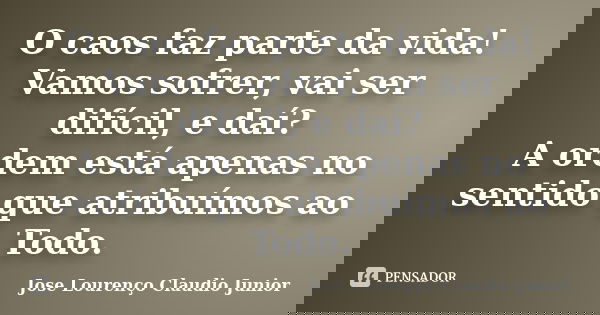 O caos faz parte da vida! Vamos sofrer, vai ser difícil, e daí? A ordem está apenas no sentido que atribuímos ao Todo.... Frase de Jose Lourenço Claudio Junior.