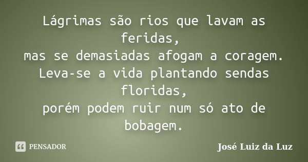 Lágrimas são rios que lavam as feridas, mas se demasiadas afogam a coragem. Leva-se a vida plantando sendas floridas, porém podem ruir num só ato de bobagem.... Frase de José Luiz da Luz.