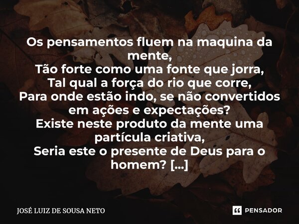 Os pensamentos fluem na maquina da mente, Tão forte como uma fonte que jorra, Tal qual a força do rio que corre, Para onde estão indo, se não convertidos em açõ... Frase de JOSE LUIZ DE SOUSA NETO.