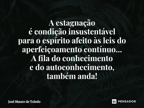 ⁠A estagnação é condição insustentável para o espírito afeito às leis do aperfeiçoamento contínuo... A fila do conhecimento e do autoconhecimento, também anda!... Frase de José Mauro de Toledo.