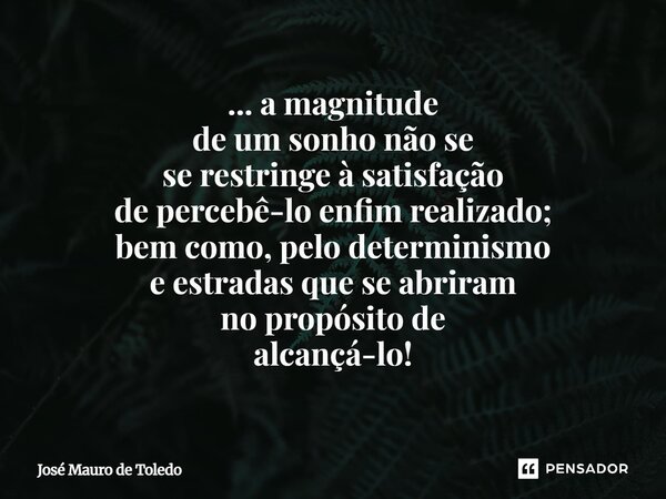 ⁠... amagnitude de um sonhonão se se restringe à satisfação de percebê-lo enfim realizado; bem como, pelo determinismo e estradasque se abriram nopropósitode al... Frase de José Mauro de Toledo.