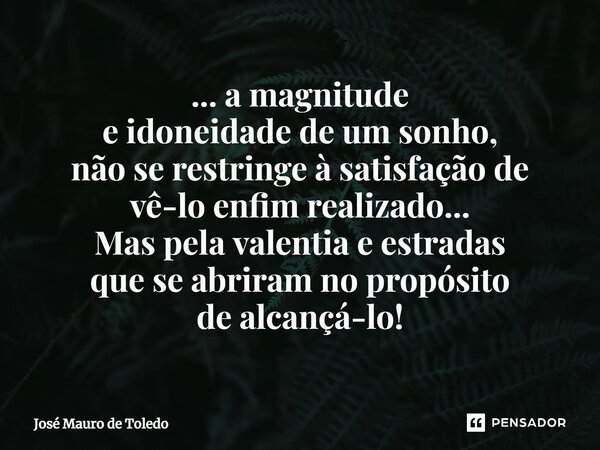 ⁠... a magnitude e idoneidade de um sonho, não se restringe à satisfação de vê-lo enfim realizado... Mas pela valentia e estradas que se abriram no propósito de... Frase de José Mauro de Toledo.